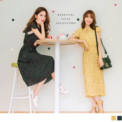 0512新品 附綁帶圓點圖案荷葉袖綁帶領口設計下襬百摺長洋裝.2色
