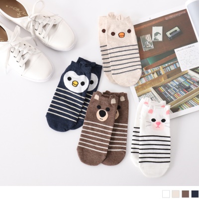 0609新品 【特價款】可愛動物條紋圖案船型襪．4色(任3雙198)
