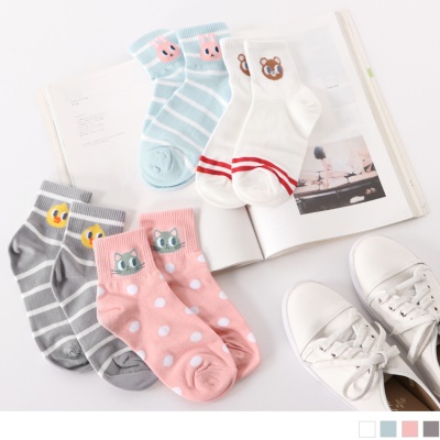 0609新品 【特價款】韓國刺繡動物點點/條紋短筒襪．4色