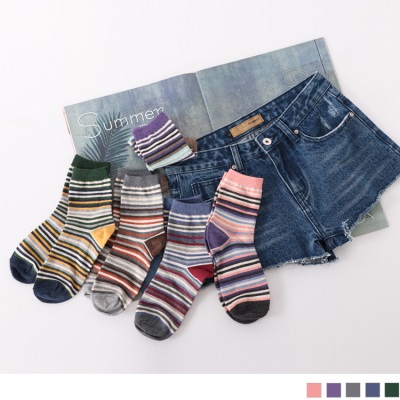 0609新品 【特價款】韓國復古拼色條紋短筒襪．5色