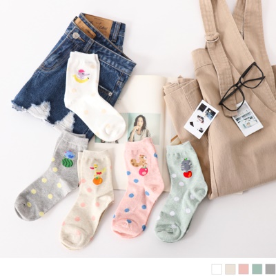 0609新品 【特價款】韓國撞色點點綴動物水果圖案短筒襪．5色