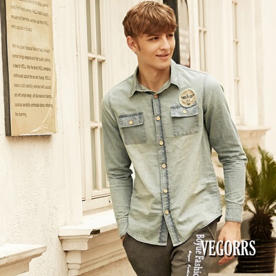 VEGORRS-美式街頭風布標牛仔刷洗長袖襯衫塗鴉T恤 (C5337)