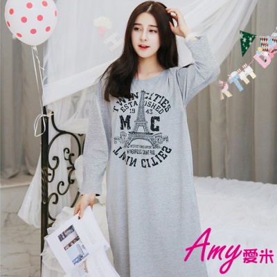 AMY愛米-英文塗鴉風長袖連身裙睡衣(AD129)